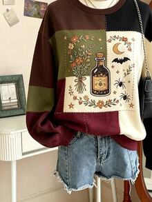 Lalippa Halloween Atmosphere Magic Potion Bottle Bat Spider Floral Star Moon Colorblock Patchwork Print Crew Neck Sweatshirt For Women, Holiday Outfit Daily Versatile - White - View 4