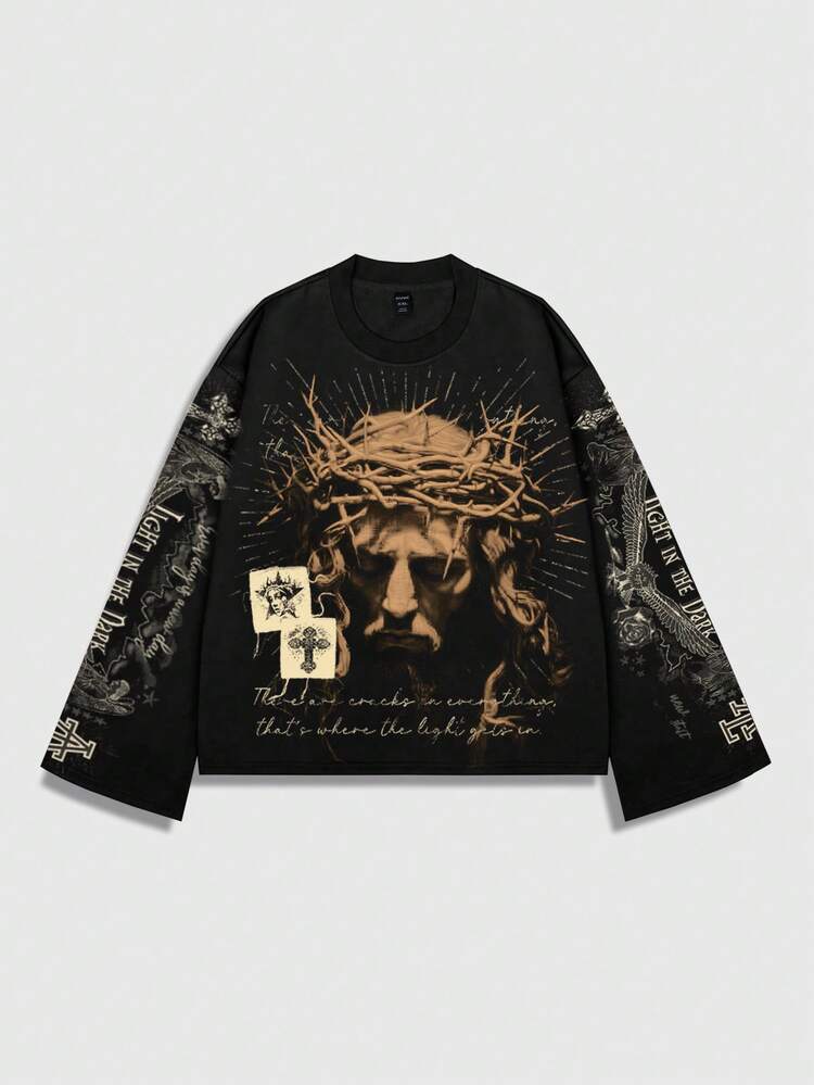 ROMWE MEN 2026 Spring/Autumn New Fashion T-Shirt Graphic Men's T-Shirt Unisex Couple Casual Fashion Women's Crew Neck Long Sleeve Top - Black - View 1