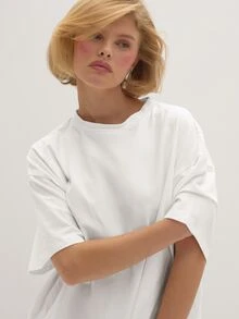 MUSEYN Kaos Polos Putih Model Oversized dengan Kerah Bulat, Lengan Pendek, Bahan Dasar - Putih - View 5