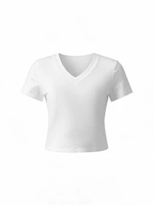 MUSEYN White Jersey Loose Fit V Neckline Short Sleeve Basic T-Shirt Casual Comfortable Effortless Everyday Day Out Fall - White - View 6