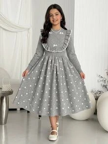 青少年女孩休閒甜美荷葉邊中長洋裝，秋冬款 - 灰色 - 查看 5