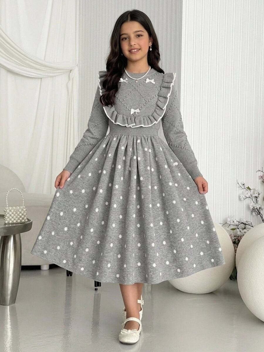 Tween Girlkids Casual Sweet Ruffle Mid-Length Dress, Autumn/Winter - Grey - View 1