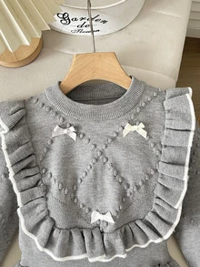 青少年女孩休閒甜美荷葉邊中長洋裝，秋冬款 - 灰色 - 查看 3