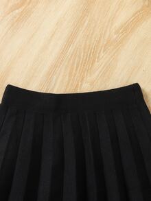 SHEIN Tween女孩波點兒童毛衣與純黑色百褶秋季裙 2件套，返校穿搭 - 棕色 - 查看 7