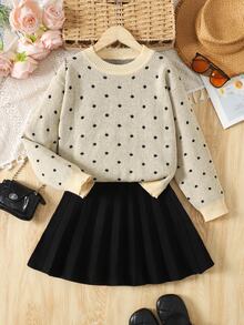 SHEIN Tween女孩波點兒童毛衣與純黑色百褶秋季裙 2件套，返校穿搭 - 棕色 - 查看 2