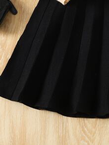 SHEIN Tween女孩波點兒童毛衣與純黑色百褶秋季裙 2件套，返校穿搭 - 棕色 - 查看 8