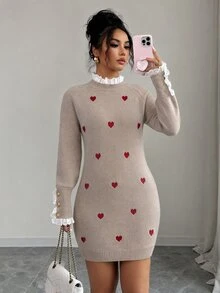 Elenzga Beige Heart Embroidery Knit Mini Dress, Lace Ruffle Trim Metal Button Long Sleeve Bodycon Sweater Dress - Apricot - View 4