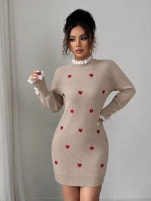 Elenzga Beige Heart Embroidery Knit Mini Dress, Lace Ruffle Trim Metal Button Long Sleeve Bodycon Sweater Dress - Apricot - View 6