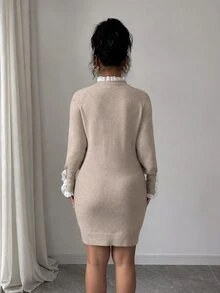 Elenzga Beige Heart Embroidery Knit Mini Dress, Lace Ruffle Trim Metal Button Long Sleeve Bodycon Sweater Dress - Apricot - View 2