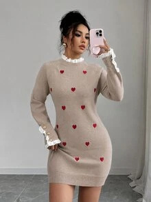 Elenzga Beige Heart Embroidery Knit Mini Dress, Lace Ruffle Trim Metal Button Long Sleeve Bodycon Sweater Dress - Apricot - View 5