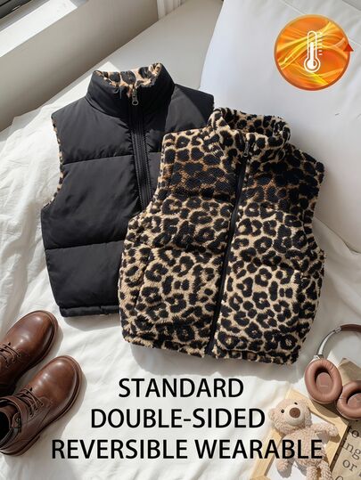 SHEIN Tween Girl Autumn Casual Cool Girl Modest Fashion Woven Windbreaker Fabric Puffer Vest Coat Holiday Comfortable School Club Black And White Leopard