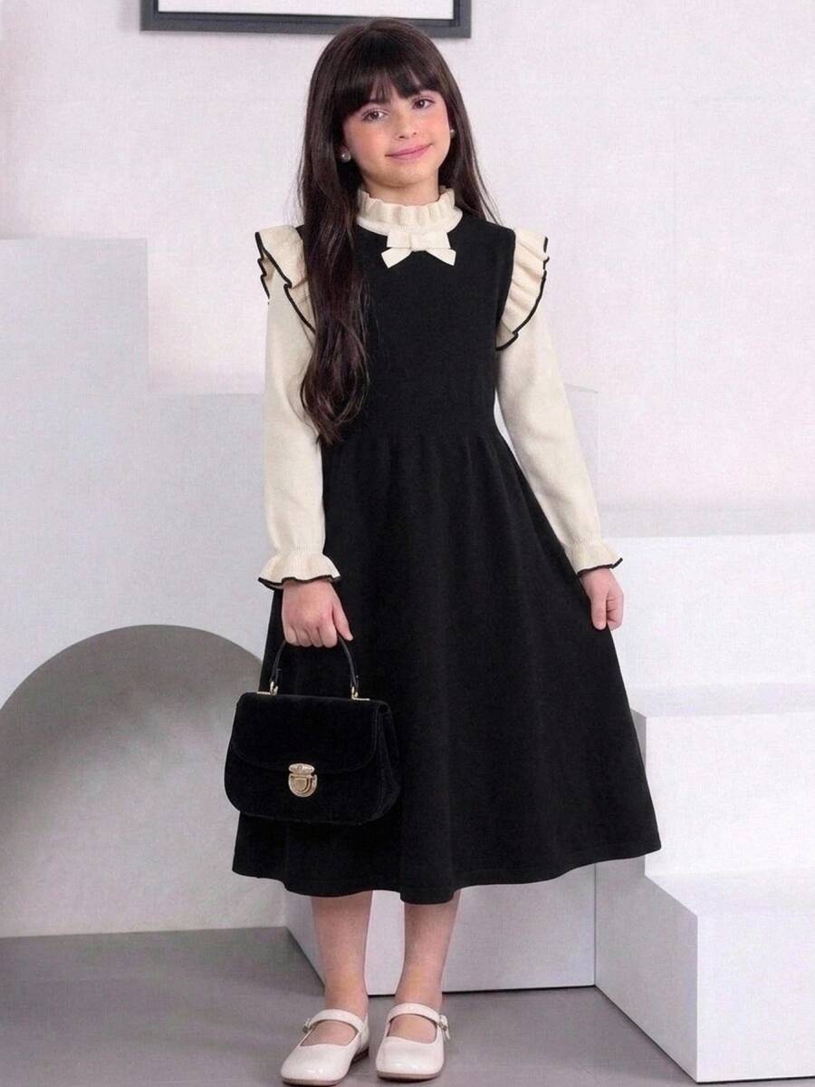 SHEIN Tween女孩杏色與黑色提花蝴蝶結露肩長袖針織上衣秋季洋裝,返校穿搭優雅套裝正式洋裝 - 黑色 - 查看 1