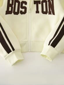 SHEIN 女童 Boston 字母拉鍊夾克與寬腿運動長褲 2 件套運動服，復古學院風套裝 - 杏色 - 查看 2