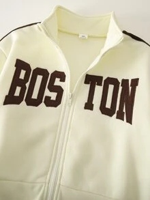 SHEIN 女童 Boston 字母拉鍊夾克與寬腿運動長褲 2 件套運動服，復古學院風套裝 - 杏色 - 查看 5