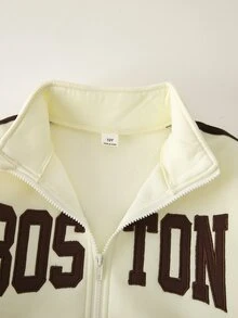 SHEIN 女童 Boston 字母拉鍊夾克與寬腿運動長褲 2 件套運動服，復古學院風套裝 - 杏色 - 查看 6
