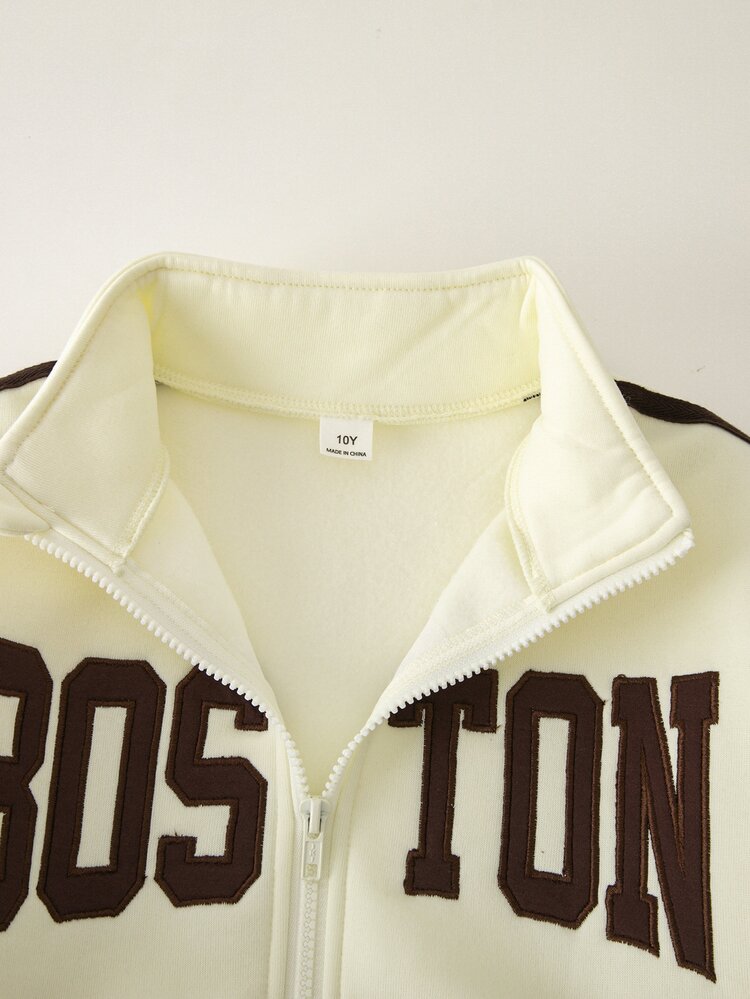 SHEIN Girls Boston Letter Zip Jacket & Wide Leg Sweatpants 2 Pieces Tracksuit, Vintage Preppy Set - Apricot - View 6