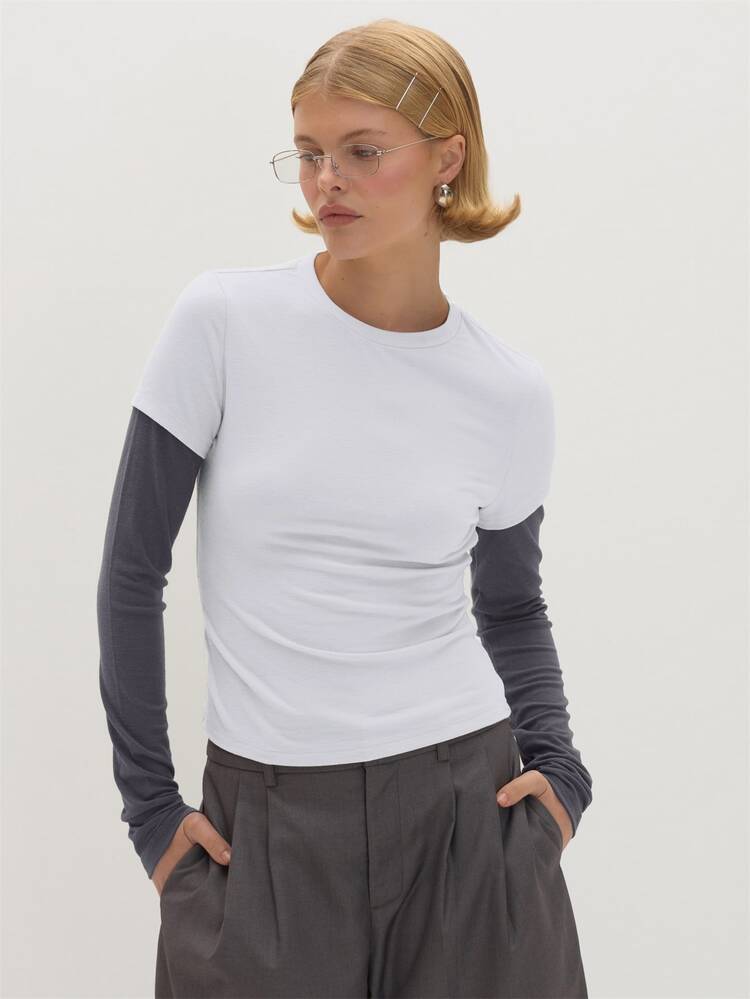 MUSEYN Grey Contrast Layered Long Sleeve T-Shirt - Multicolor - View 1