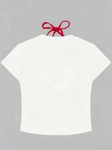SHEIN Camiseta de manga corta con cuello redondo, ajuste regular, con estampado de estrella anudada - Blanco - Ver 2