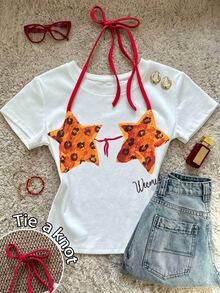 SHEIN Camiseta de manga corta con cuello redondo, ajuste regular, con estampado de estrella anudada - Blanco - Ver 1