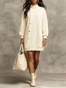 SHEIN Holidaya 女款復古休閒百搭鈕扣高領長袖洋裝，奶油白色秋季早午餐運動衫 - 杏色 - 查看 6