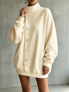 SHEIN Holidaya 女款復古休閒百搭鈕扣高領長袖洋裝，奶油白色秋季早午餐運動衫 - 杏色 - 查看 4