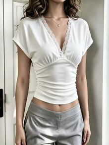 Cévolie Plus Size Women French Lace Patchwork Ruched Waist Blouse Brunch Going Out All White Summer Elegant Sexy - White - View 3