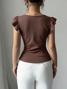 Elenzga Women's V-Neck Ribbed Single-Breasted Solid Color Petal Sleeve Fitted T-Shirt - Brown - View 2