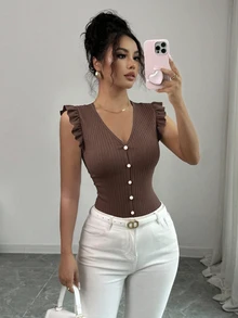 Elenzga Women's V-Neck Ribbed Single-Breasted Solid Color Petal Sleeve Fitted T-Shirt - Brown - View 3