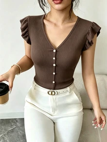 Elenzga Women's V-Neck Ribbed Single-Breasted Solid Color Petal Sleeve Fitted T-Shirt - Brown - View 1
