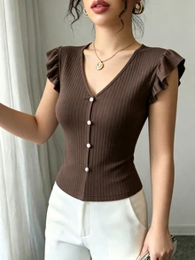 Elenzga Women's V-Neck Ribbed Single-Breasted Solid Color Petal Sleeve Fitted T-Shirt - Brown - View 4