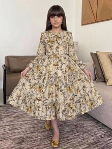 Tween Girl Floral Color Long Sleeve Large Collar Waist-Cinching Bow Dress - Multicolor - View 1