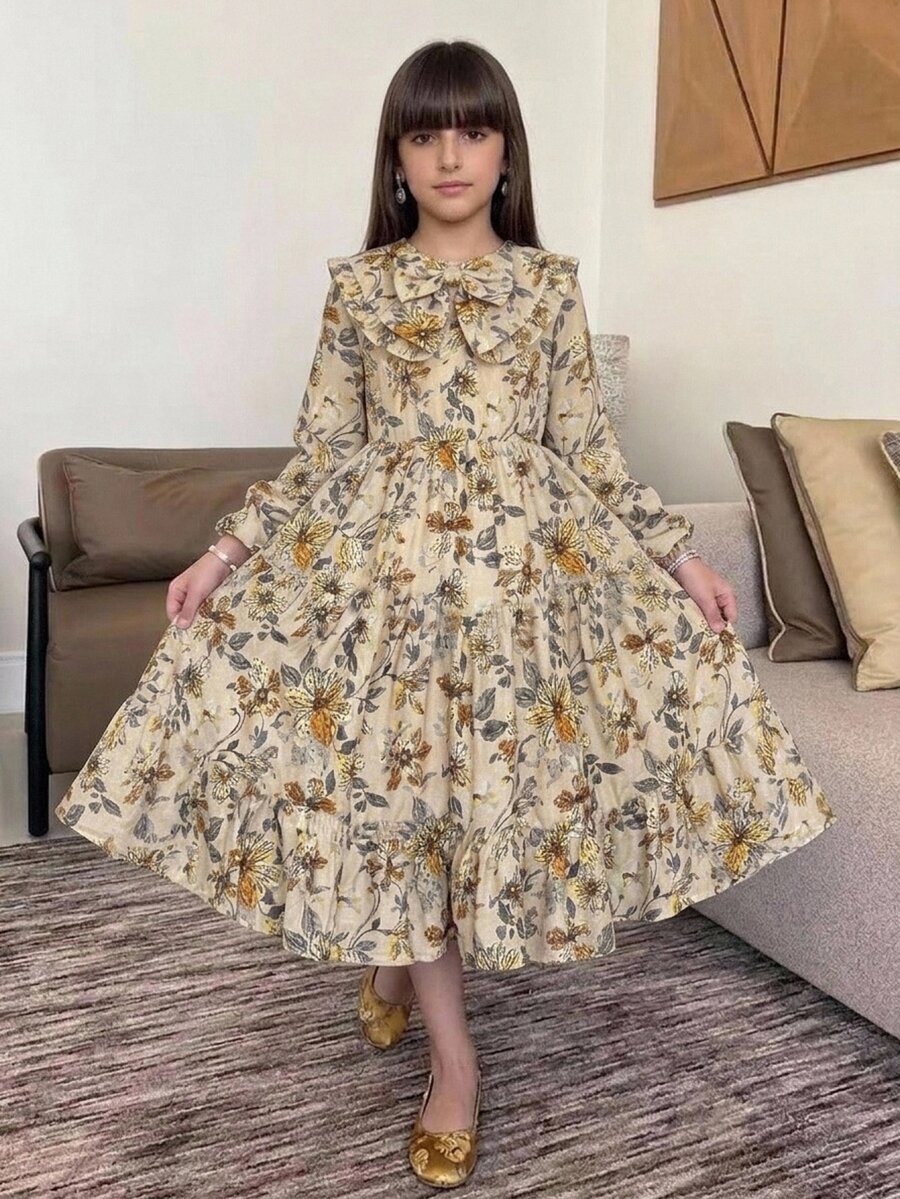 Tween Girl Floral Color Long Sleeve Large Collar Waist-Cinching Bow Dress - Multicolor - View 1