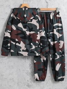 SHEIN Kids Tween Boy Casual Sports Street Style Camouflage Pattern Hoodie Pullover Long Sleeve Sweatshirt And Pants 2-Piece Set, Suitable For Commuting, School, Daily Casual, Sports, Streetwear, Autumn/Winter - Army Green - View 3