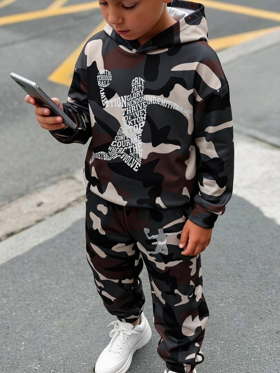 SHEIN Kids Tween Boy Casual Sports Street Style Camouflage Pattern Hoodie Pullover Long Sleeve Sweatshirt And Pants 2-Piece Set, Suitable For Commuting, School, Daily Casual, Sports, Streetwear, Autumn/Winter - Army Green - View 1