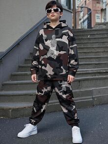 SHEIN Kids Tween Boy Casual Sports Street Style Camouflage Pattern Hoodie Pullover Long Sleeve Sweatshirt And Pants 2-Piece Set, Suitable For Commuting, School, Daily Casual, Sports, Streetwear, Autumn/Winter - Army Green - View 4