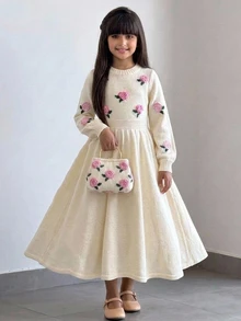 SHEIN 兒童青少年女孩秋冬休閒時尚法式風格百搭針織玫瑰花提花3D紋理長袖套頭洋裝 - 杏色 - 查看 1