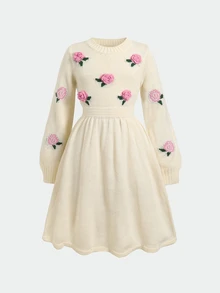 SHEIN 兒童青少年女孩秋冬休閒時尚法式風格百搭針織玫瑰花提花3D紋理長袖套頭洋裝 - 杏色 - 查看 6