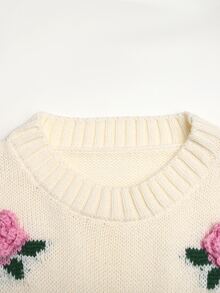 SHEIN 兒童青少年女孩秋冬休閒時尚法式風格百搭針織玫瑰花提花3D紋理長袖套頭洋裝 - 杏色 - 查看 3