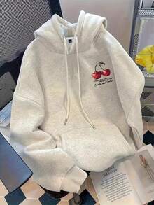 EMERY ROSE Plus-Size Women's Casual Sweatshirt With Front And Back Cherry Print - Light Grey - View 2