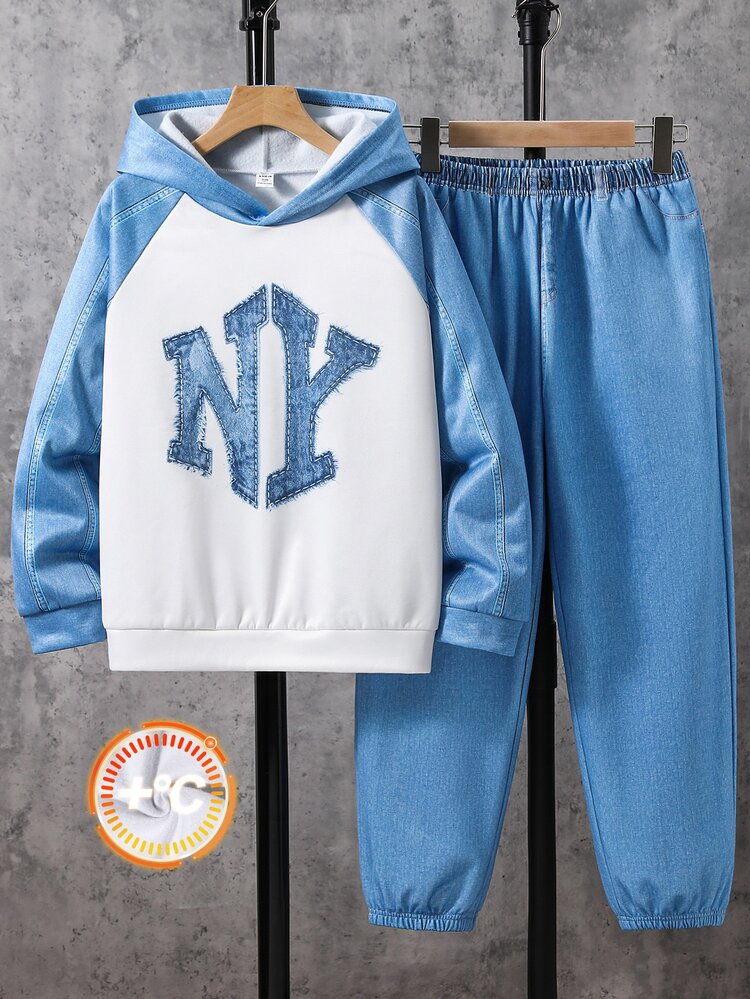SHEIN Kids Tween Boy Casual Versatile Letter Print Crew Neck Hooded Pullover Long Sleeve Sweatshirt & Pants 2-Piece Set, Suitable For Commuting, School, Daily Casual, Sports, Streetwear, Autumn/Winter - Baby Blue - View 2