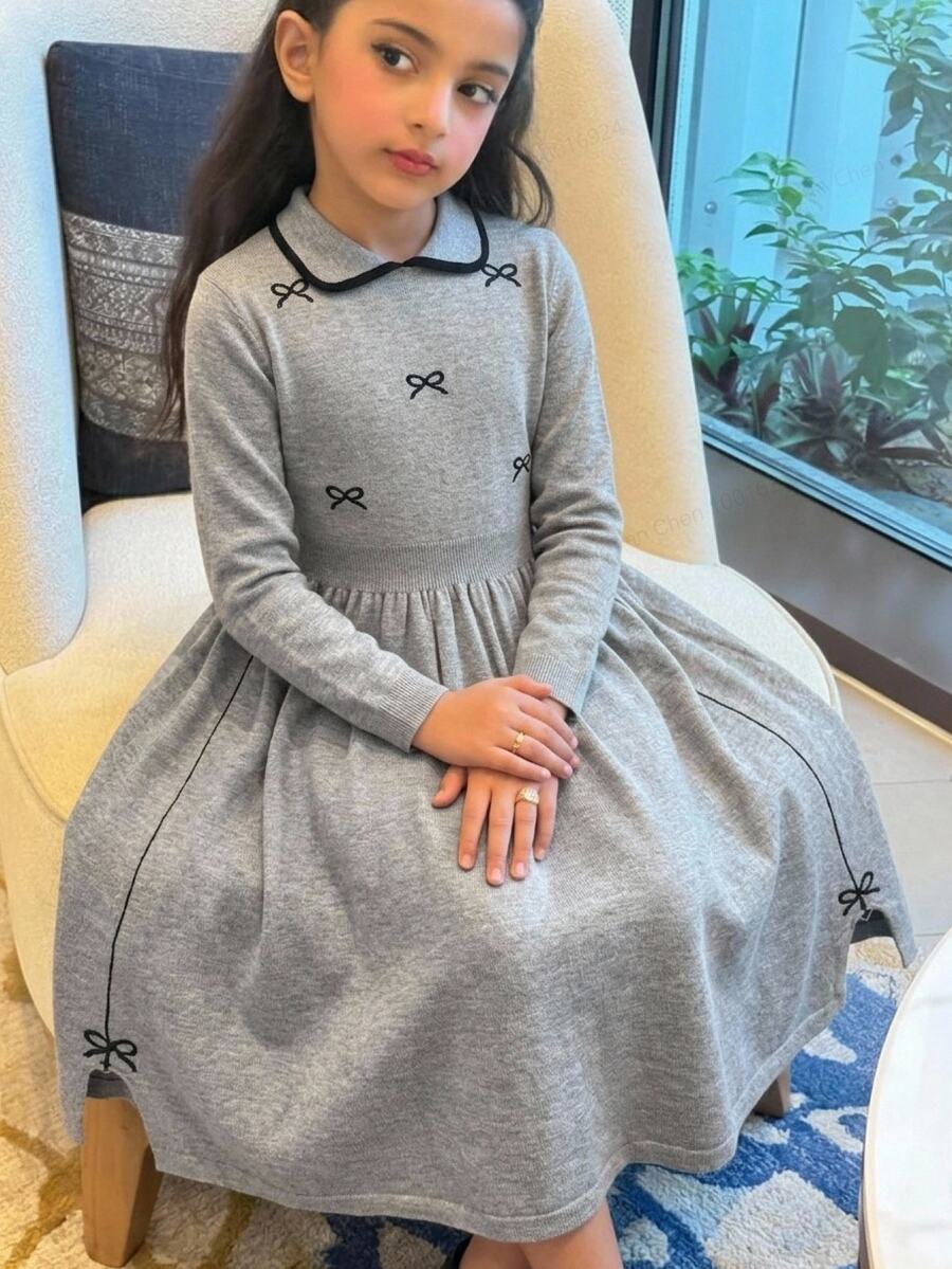 SHEIN 少女可愛甜美彼得潘領蝴蝶結圖案針織套頭長袖上衣,百搭直筒開衩下擺灰色毛衣,秋冬洋裝 - 灰色 - 查看 1