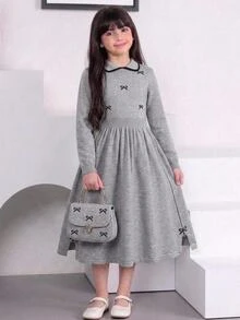 SHEIN 少女可愛甜美彼得潘領蝴蝶結圖案針織套頭長袖上衣，百搭直筒開衩下擺灰色毛衣，秋冬洋裝 - 灰色 - 查看 5