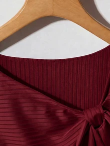 GlowEve Women's Solid Color Asymmetric Collar Button Decor Ribbed Short Sleeve T-Shirt - Burgundy - View 4