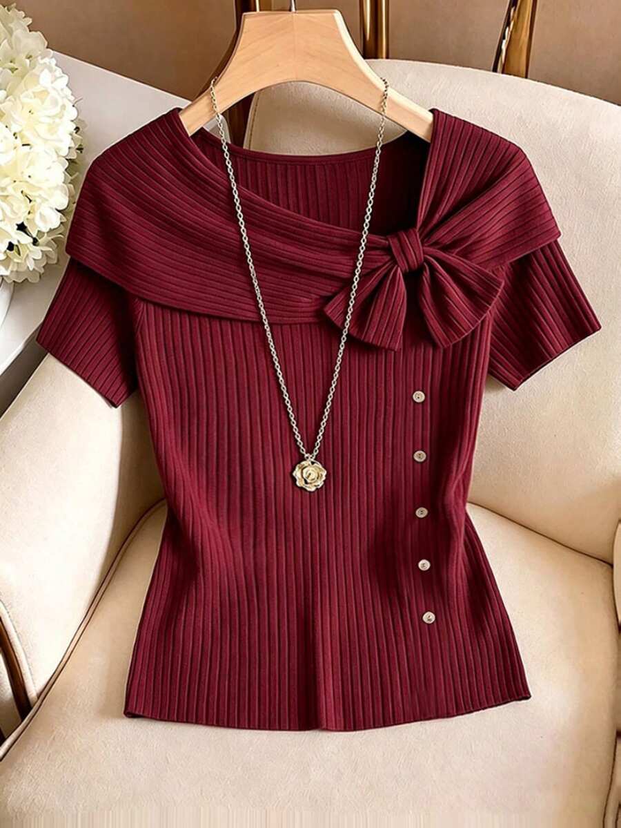 GlowEve Women's Solid Color Asymmetric Collar Button Decor Ribbed Short Sleeve T-Shirt - Burgundy - View 1