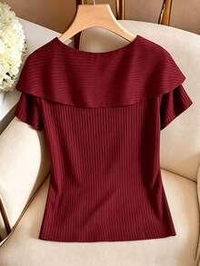 GlowEve Women's Solid Color Asymmetric Collar Button Decor Ribbed Short Sleeve T-Shirt - Burgundy - View 2
