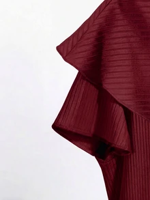GlowEve Women's Solid Color Asymmetric Collar Button Decor Ribbed Short Sleeve T-Shirt - Burgundy - View 5