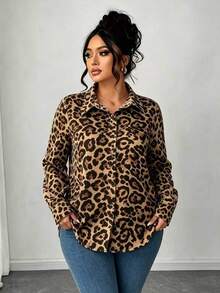Elenzga Plus Size Leopard Print Long Sleeve Single-Breasted Shirt - Multicolor - View 3