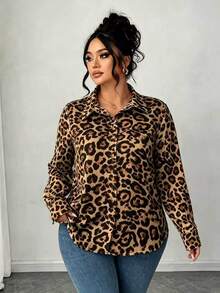 Elenzga Plus Size Leopard Print Long Sleeve Single-Breasted Shirt - Multicolor - View 1