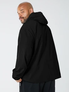 EASEVO 男士大尺碼長袖休閒梭織連帽半拉鍊夾克，寬鬆落肩輕量外套，適合春秋穿著，適合度假、父親節、足球運動 - 黑色 - 查看 2