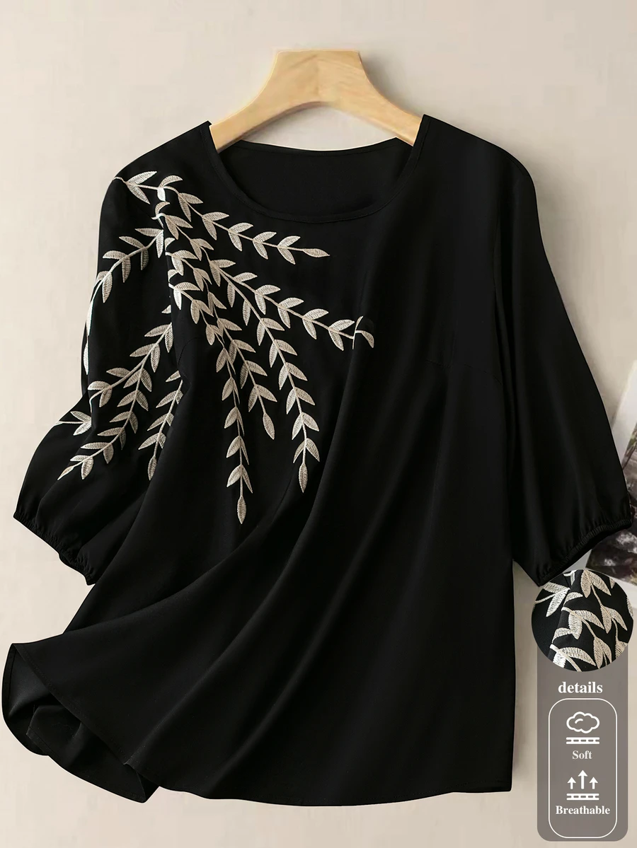 SHEIN LUNE 大码女式优雅撞色领条纹印花衬衫 - 黑色 - 查看 1